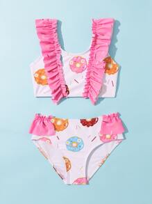 Young Girl Donuts Print Ruffle Trim Bikini Set Summer Beach - Multicolor - View 1