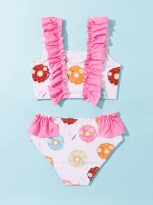 Young Girl Donuts Print Ruffle Trim Bikini Set Summer Beach - Multicolor - View 2