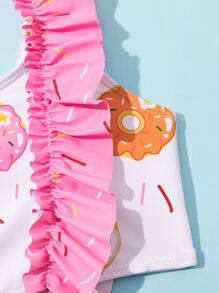 Young Girl Donuts Print Ruffle Trim Bikini Set Summer Beach - Multicolor - View 5