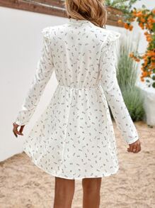 SHEIN VCAY Ditsy Floral Print Tie Neck Ruffle Trim Dress - Beige - View 2