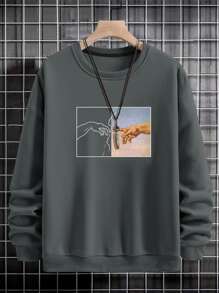 Manfinity Homme Men Hand Print Sweatshirt, Men Graphic Sweatshirt, Grey Graphic Sweatshirt, Men Printed Sweatshirt - Grey - View 4