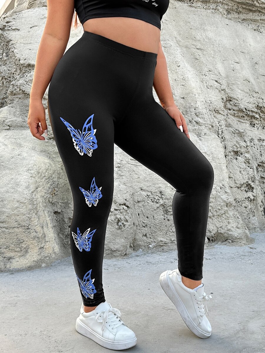 SHEIN EZwear Plus Butterfly Print Leggings - Black - View 1