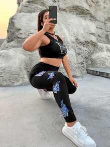 SHEIN EZwear Plus Butterfly Print Leggings - Black - View 5