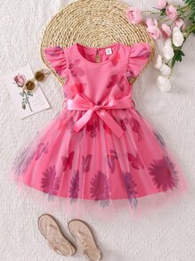 Toddler Girls Butterfly Print Ruffle Trim Belted Mesh Overlay Dress - Hot Pink - View 1