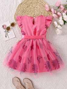 Toddler Girls Butterfly Print Ruffle Trim Belted Mesh Overlay Dress - Hot Pink - View 2