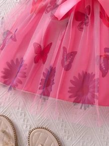 Toddler Girls Butterfly Print Ruffle Trim Belted Mesh Overlay Dress - Hot Pink - View 4