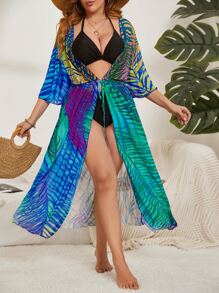 Plus Tropical Print Tie Front Kimono - Blue - View 1