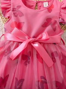 Toddler Girls Butterfly Print Ruffle Trim Belted Mesh Overlay Dress - Hot Pink - View 5