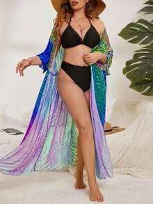 Plus Tropical Print Tie Front Kimono - Blue - View 3