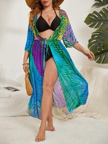 Plus Tropical Print Tie Front Kimono - Blue - View 4