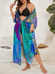 Plus Tropical Print Tie Front Kimono - Blue - View 5