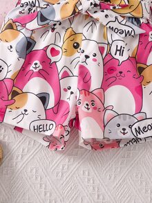 SHEIN Toddler Girls Cartoon Graphic Ruffle Trim Tee & Belted Shorts