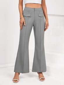SHEIN BIZwear High Waist Flap Detail Flare Leg Trousers - Grey - View 1