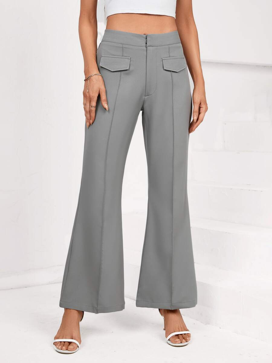 SHEIN BIZwear High Waist Flap Detail Flare Leg Trousers - Grey - View 1