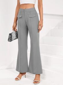 SHEIN BIZwear High Waist Flap Detail Flare Leg Trousers - Grey - View 5