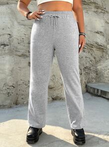 SHEIN EZwear Plus Drawstring Waist Flare Leg Joggers - Light Grey - View 4