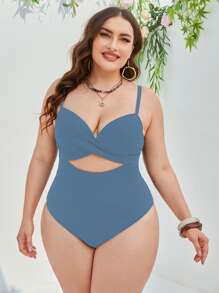 SHEIN Swim Curve Plus Twist Front Cut Out Push Up One Piece Swimsuit - Blue - View 1