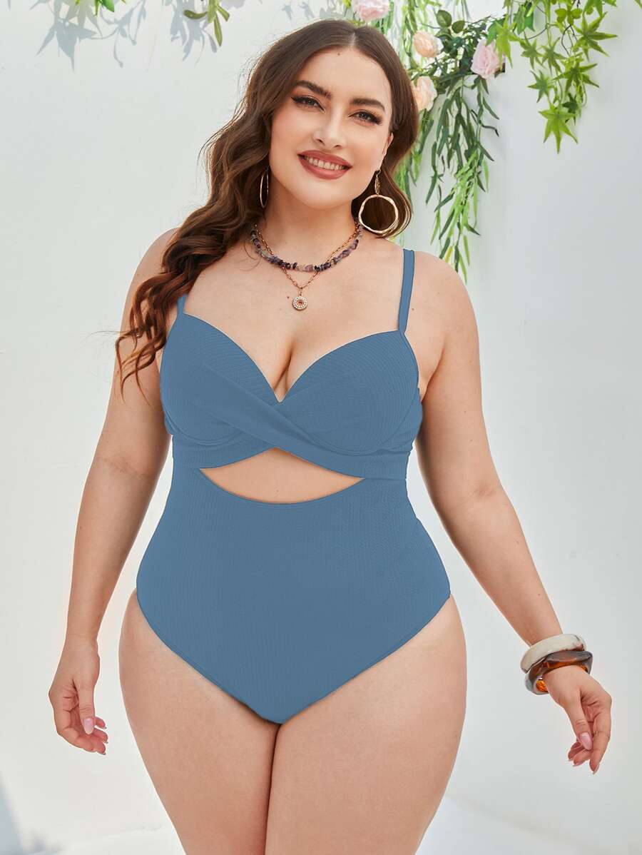 SHEIN Swim Curve Plus Twist Front Cut Out Push Up One Piece Swimsuit - Blue - View 1