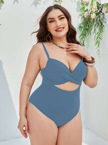 SHEIN Swim Curve Plus Twist Front Cut Out Push Up One Piece Swimsuit - Blue - View 3