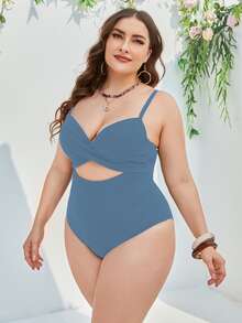 SHEIN Swim Curve Plus Twist Front Cut Out Push Up One Piece Swimsuit - Blue - View 4
