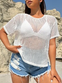 Flirla Plus Solid Drop Shoulder Sheer Top Without Bra - White - View 4