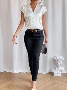 SHEIN Privé 素色蝙蝠袖緞面襯衫 - 白色 - 查看 4