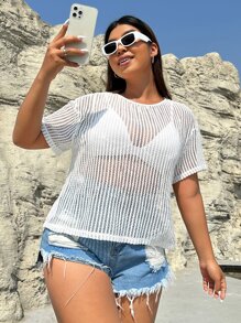 Flirla Plus Solid Drop Shoulder Sheer Top Without Bra - White - View 6