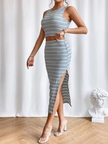 SHEIN Essnce Striped Print Tank Top & Split Thigh Skirt - Grey - View 4