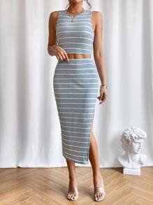 SHEIN Essnce Striped Print Tank Top & Split Thigh Skirt - Grey - View 6