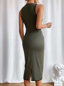 SHEIN Privé 前扭結撞色滾邊背心洋裝 - 軍綠色 - 查看 2