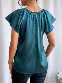SHEIN Privé Keyhole Neckline Raglan Sleeve Satin Blouse - Teal Blue - View 2