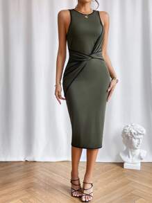 SHEIN Privé 前扭結撞色滾邊背心洋裝 - 軍綠色 - 查看 4