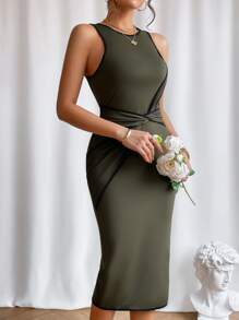 SHEIN Privé 前扭結撞色滾邊背心洋裝 - 軍綠色 - 查看 5