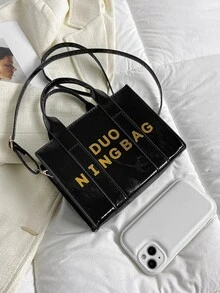 Small Flap Satchel Bag Letter Black Colour Zipper Fashionable For Daily Work Vacation - Black - View 4