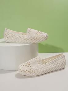 Women Braided Design Hollow Out Vented Clogs, Vacation White PVC Clogs For Summer - Beige - View 1