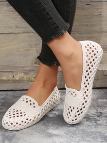 Women Braided Design Hollow Out Vented Clogs, Vacation White PVC Clogs For Summer - Beige - View 2