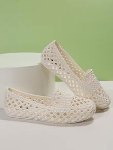 Women Braided Design Hollow Out Vented Clogs, Vacation White PVC Clogs For Summer - Beige - View 4