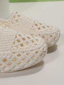 Women Braided Design Hollow Out Vented Clogs, Vacation White PVC Clogs For Summer - Beige - View 5