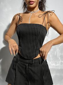 SHEIN ICON 條紋印花肩上打結弧形下擺吊帶上衣 - 黑色 - 查看 4