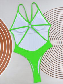 Ring Linked Backless One Piece Swimsuit - Lime Green - View 4