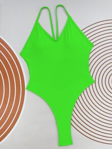 Ring Linked Backless One Piece Swimsuit - Lime Green - View 5