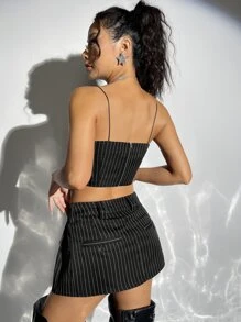 SHEIN ICON 條紋印花肩上打結弧形下擺吊帶上衣 - 黑色 - 查看 8