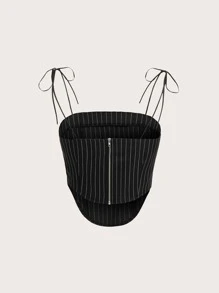 SHEIN ICON 條紋印花肩上打結弧形下擺吊帶上衣 - 黑色 - 查看 2