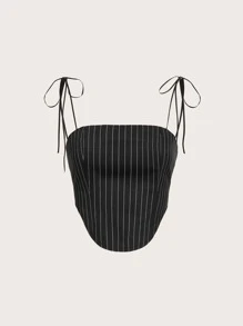 SHEIN ICON 條紋印花肩上打結弧形下擺吊帶上衣 - 黑色 - 查看 1