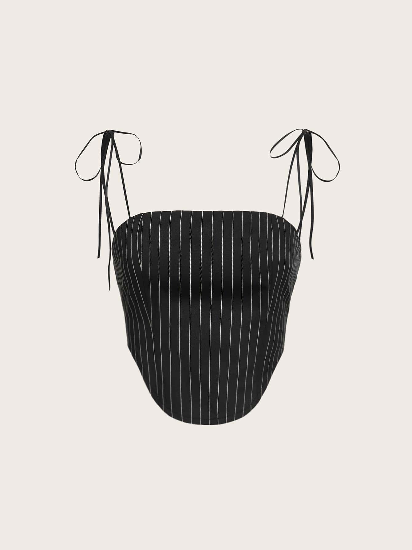 SHEIN ICON 條紋印花肩上打結弧形下擺吊帶上衣 - 黑色 - 查看 1