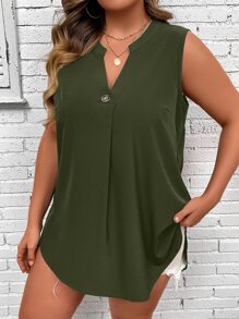 SHEIN LUNE Plus Notched Neckline Sleeveless Blouse - Army Green - View 5