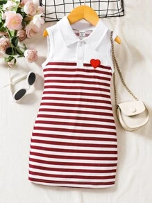 Young Girl Striped Print Heart Embroidery Polo Neck Dress - Red and White - View 1