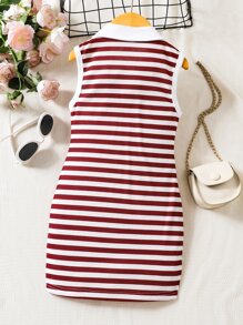 Young Girl Striped Print Heart Embroidery Polo Neck Dress - Red and White - View 2