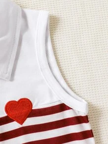 Young Girl Striped Print Heart Embroidery Polo Neck Dress - Red and White - View 3