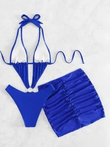 Ring Linked Halter One Piece Swimsuit With Beach Skirt - Royal Blue - View 4